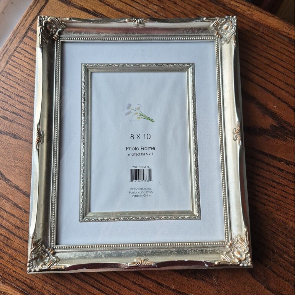 Vtg Ornate Wood Resin Silver Leaf Photo frame 8x10 or 5x7 Matte Baroque Rococo